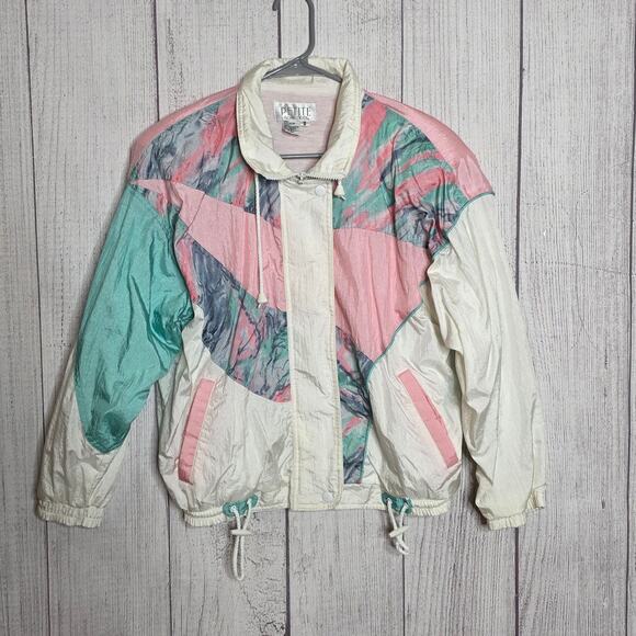 VTG 90s Pink & Green Pastel Windbreaker Jacket with Shoulder Pads, sz Small - Picture 5 of 6